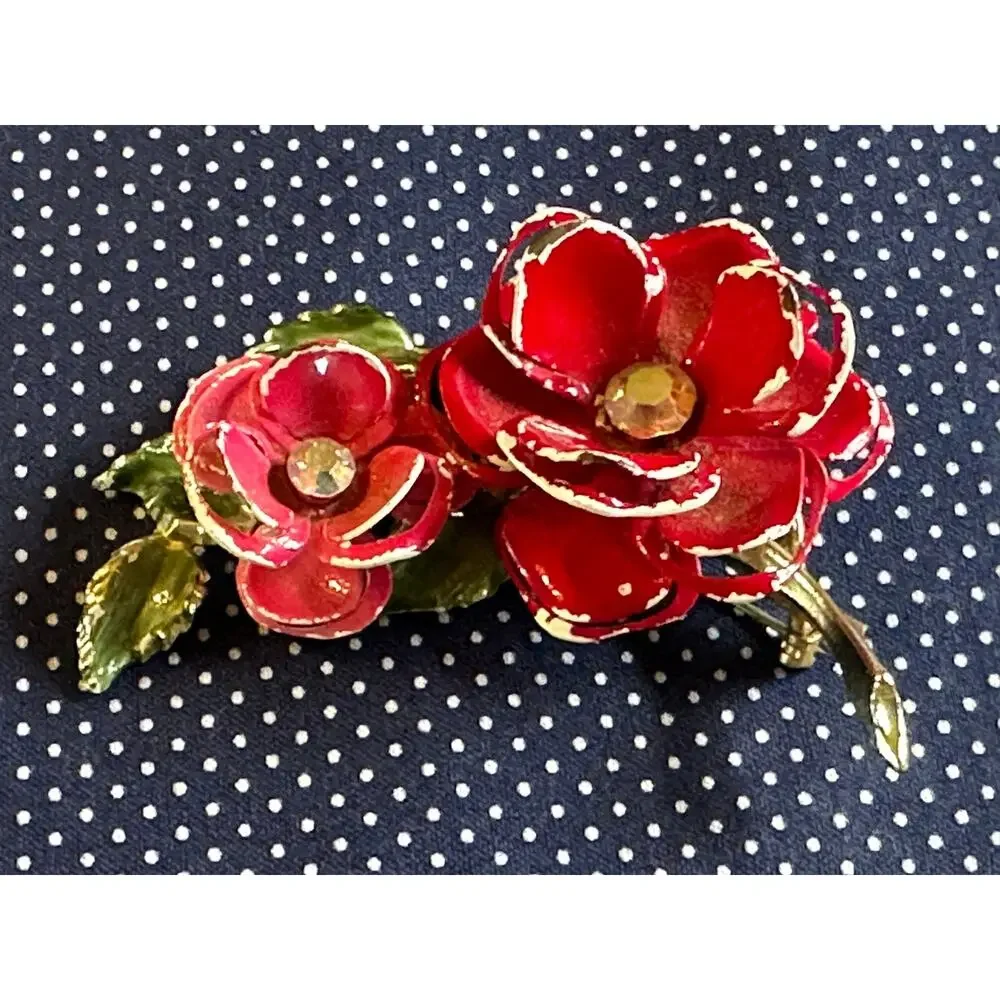 Vintage 3D Vendome Red Enamel Flower Brooch 1960's Esate Piece